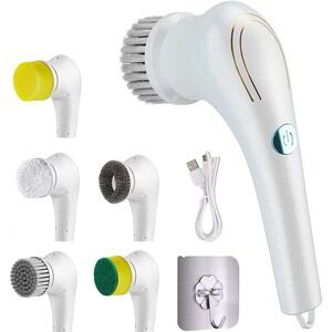 Electric Spin Scrubber Handheld Cordless Power Brush 5 Replacement Heads White